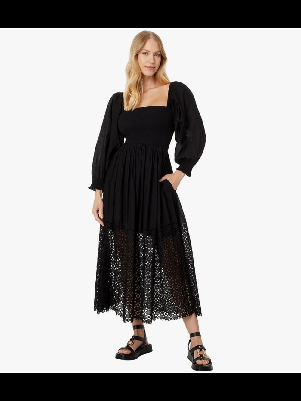 Free People Black Square-Neck Eyelet Maxi Dress with Puff Sleeves Size S